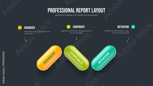 Professional Strategy Slideshow Layout Vector Illustration. Enterprise Plan 3 Element Diagram Presentation Design. Business Portfolio Three Step Infographic Frame Template.