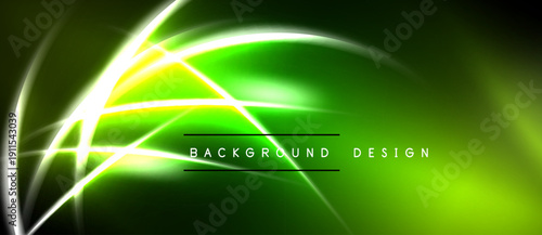 Bright neon lines form abstract curves, glowing against dark backdrop. Text reads background design. Vivid green dominates image.
