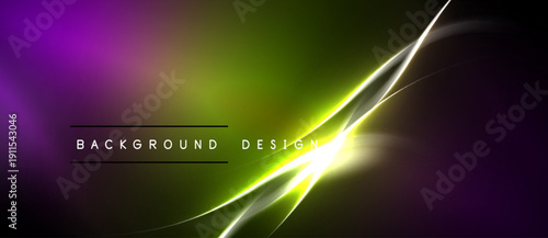 Vibrant purple, green gradient. Neon lines create dynamic abstract design. Dark borders frame bright central area.