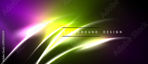 Abstract vibrant design features flowing curves, gradients. Purple, green, white blend creating dynamic visual effect. Modern background element.