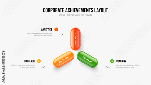 Modern Insight 3 Option Diagram Slide Template. Corporate Review Three Element Infographic Frame Design. Professional Introduction Slideshow Layout Vector Illustration.