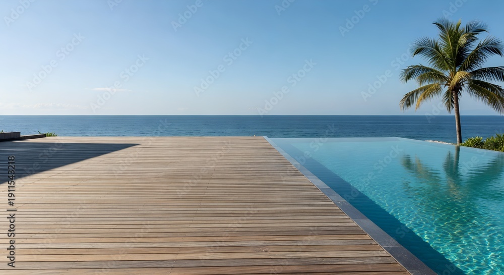 Fototapeta premium Infinity Pool with Wooden Deck Overlooking Tropical Ocean