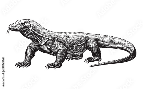 Komodo dragon lizard walking with a focused gaze. Hand-drawn engraving style.