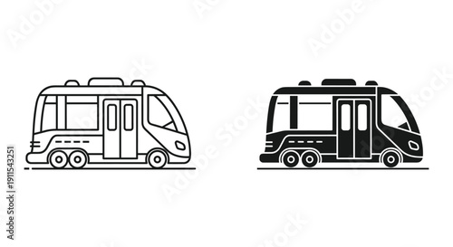 Modern Camper Van Illustration Set with Outline and Solid Styles on White Background