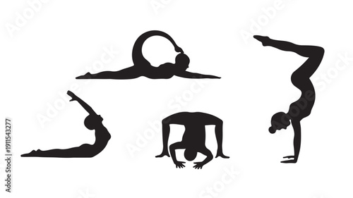 Vector Illustration Of Various Yoga Poses On White Background For Health And Wellness Concept
