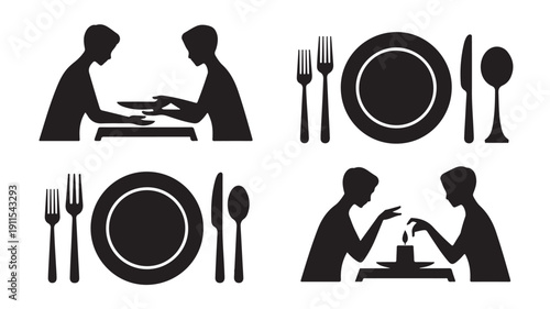 Vector Illustration Of Silhouette Couples Dining And Table Settings For Restaurant And Wedding Concepts
