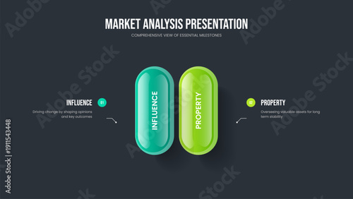 Professional Strategy Two Step Diagram Slide Template. Visual Development Slideshow Design Vector Illustration. Enterprise Innovation 2 Element Infographic Presentation Layout.