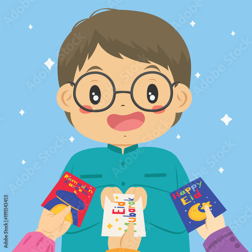 Happy Muslim boy with glasses receiving Eid al-Fitr money from her relatives holding Eid money envelopes. Child celebrating Islamic holiday with family. Cartoon character vector illustration.