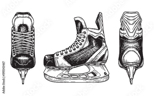 ice hockey skates including front, side, and rear angles. Hand-drawn engraving style.