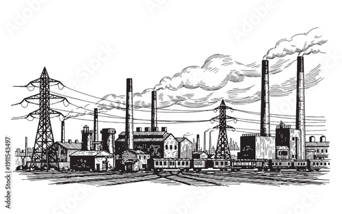dustrial power plant facility with smoking chimneys, electrical towers, and a passing cargo train. Hand-drawn engraving style.