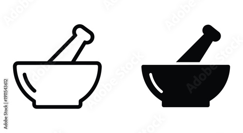 Minimalist mortar and pestle icons set black and white kitchen cooking tools vector illustration