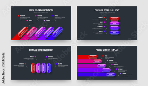 Advertising Briefing 5 4 Option Infographic Presentation Layout Bundle. Project Visualization Five Four Element Diagram Slideshow Template Vector Illustration Set.