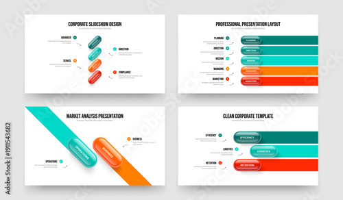Modern Visualization Four Five Two Three Option Diagram Presentation Template Vector Illustration Bundle. Professional Briefing 4 5 2 3 Element Infographic Frame Layout Collection.