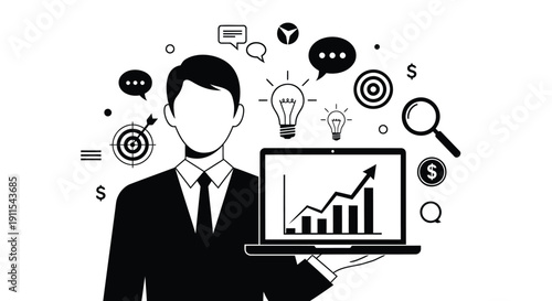 Businessman with laptop and finance icons isolated on transparent background