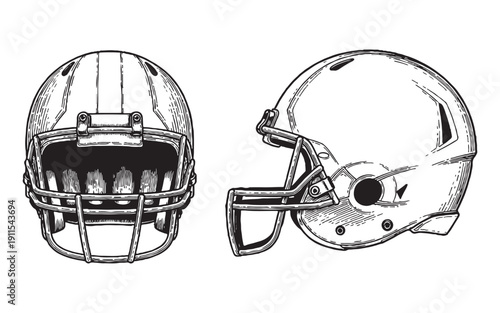 Front and side view of a professional American football helmet with face mask. Hand-drawn engraving style.