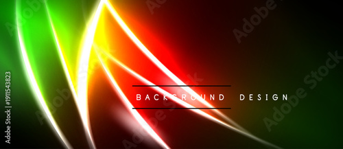 Bright abstract lines create dynamic colorful background. Red, green, yellow hues dominate dark space. Modern design element.