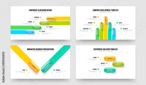 Product Review 4 5 2 3 Element Infographic Slideshow Design Collection. Company Portfolio Four Five Two Three Step Diagram Slide Template Vector Illustration Bundle.