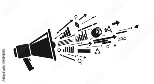 Vector megaphone icon with various business and social media symbols emerging from it, isolated on transparent background