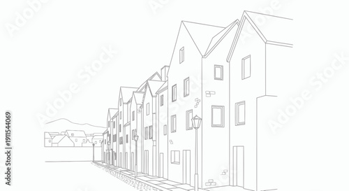 Vector illustration of a row of modern houses with gable roofs and rectangular windows in a suburban neighborhood