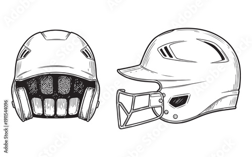 Front and side view of modern baseball batting helmets with protective face guards detailed vintage engraving style.