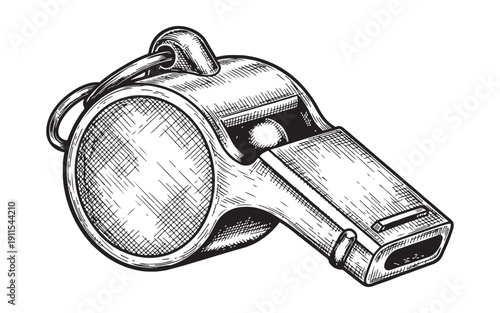 Classic metallic sports whistle with a lanyard ring in a detailed vintage hand-drawn engraving style.