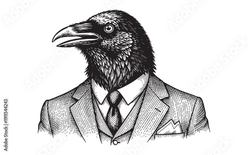 Anthropomorphic portrait of a raven or crow wearing a formal three-piece suit and tie vintage engraving style.