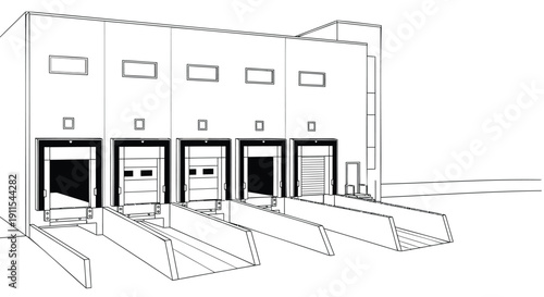Vector illustration of a warehouse building with multiple loading docks and ramps