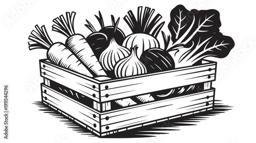 Fresh vegetables in wooden crate with black and white illustration style for organic produce