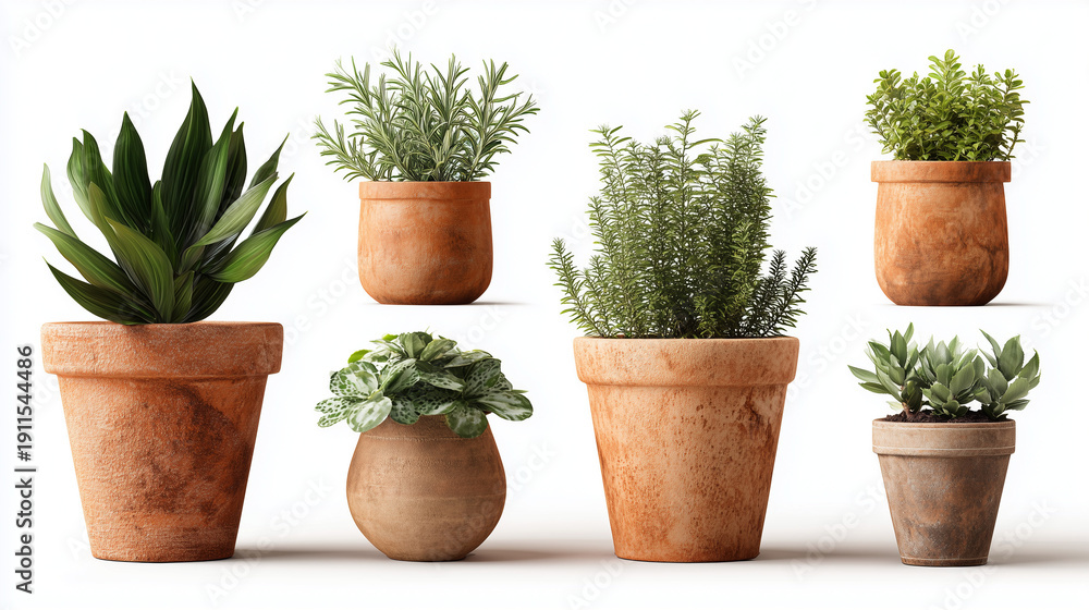 Fototapeta premium Collection of various indoor plants in terracotta pots isolated on white background, minimalist home gardening and botanical decoration concept
