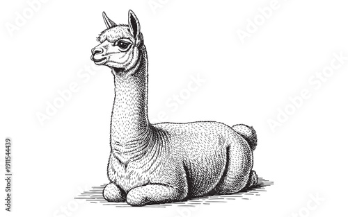 alpaca sitting in a resting pose in a detailed vintage woodcut engraving style.