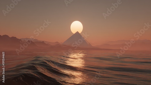 Voxel Art of Pyramid Silhouette at Sunset over Water with Orange Sky Reflecting on Rippling Water Surface in a Tranquil Scene