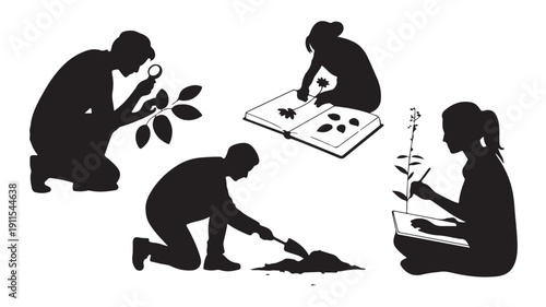 Vector Illustration Of Silhouetted People Engaged In Botanical Research And Gardening Activities For Educational And Scientific Concepts