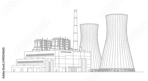 Vector illustration of a nuclear power plant with cooling towers and industrial buildings in a line drawing style isolated on transparent background