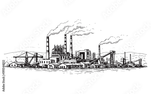 Industrial power plant landscape with smoking chimneys and factory buildings vintage woodcut engraving style.