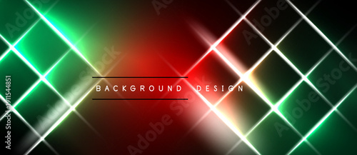 Abstract neon lines create dynamic gradient background. Vivid green, red hues dominate composition. Modern design element.