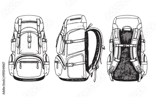 Multi-view technical drawing of a large expedition hiking backpack with straps and pockets line art style.