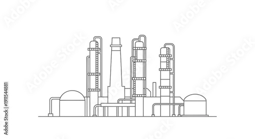 Industrial factory complex with smokestacks and storage tanks in a vector line drawing