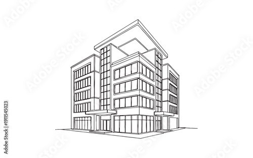 office building architecture perspective minimalist line art style.