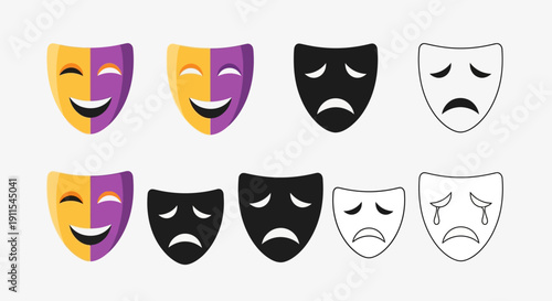 Theater mask icon set representing comedy and tragedy expressions.