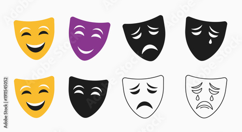 Theater mask icon set representing comedy and tragedy expressions.