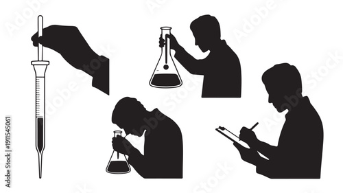 Vector Illustration Of Silhouette Scientists Working In Laboratory For Science And Research Concept