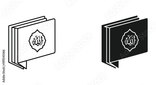 Islamic Ramadan lantern and Quran book minimalist black and white line art illustration for greeting cards and decor