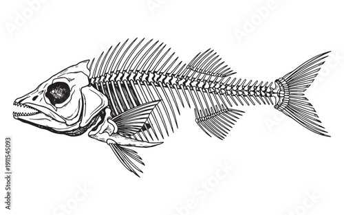 fish skeleton with head fins and spine in a detailed scientific line art style.