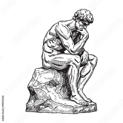 Classic bronze sculpture of a man in deep thought sitting on a rock vintage hand-drawn engraving style.