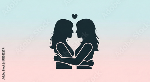 Two Women Embracing Silhouette with Heart on Gradient Background