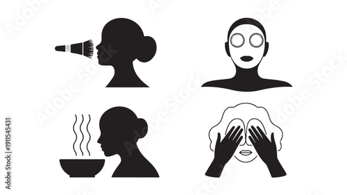 Vector Illustration Of Woman Skincare Routine Silhouettes For Beauty And Wellness Concept
