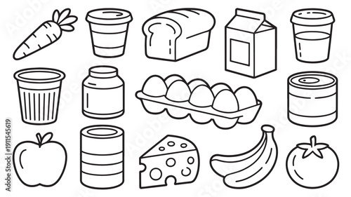 Grocery items in simple line art style with monochrome color on white background for food packaging
