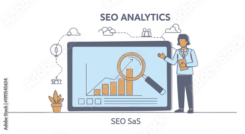 Vector illustration of a man analyzing SEO data on a large tablet with a magnifying glass and bar graph, surrounded by analytics symbols