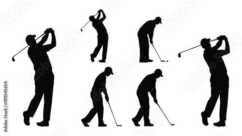 Silhouettes of golfers demonstrating various swings and stances on a course. Vector