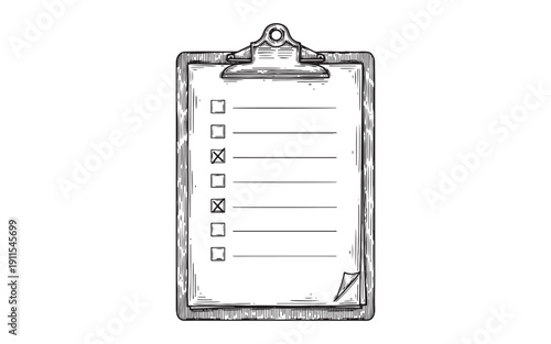 Clipboard with checklist containing marked check boxes and pen vintage hand-drawn engraving style.